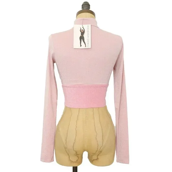 NAKED WARDROBE On The Glow Turtleneck Crop Top Size S Glitter Pink NWT B69 - Picture 4 of 6